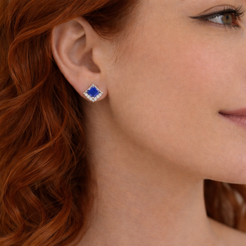 Urban Pizazz Model Wearing 925 Sterling SIlver Princess Cut Sapphire Cubic Zirconia Stud Earrings