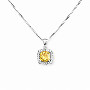 925 Sterling Silver Princess Cut Yellow Topaz CZ Pendant Necklace