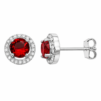 925 Sterling Silver Ruby Cubic Zirconia Halo Earrings