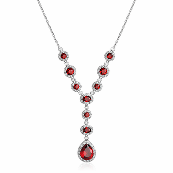 925 Sterling Silver Ruby Cubic Zirconia Y Drop Necklace