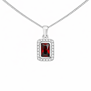 925 Sterling Silver Ruby Rectangle Halo Pendant Necklace on silver curb chain