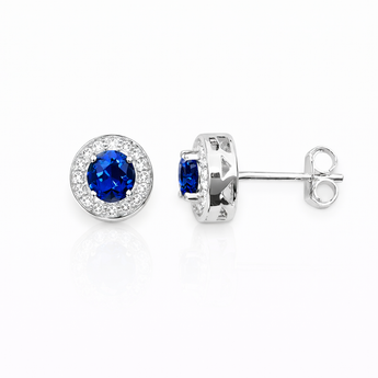 925 Sterling Silver Sapphire Cubic Zirconia Halo Stud Earrings