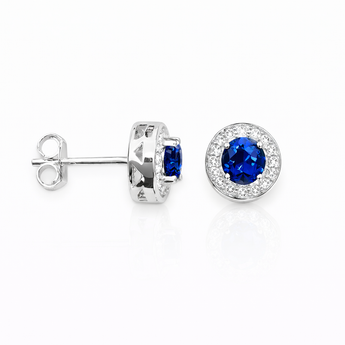 925 Sterling Silver Sapphire Cubic Zirconia Halo Stud Earrings