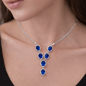 Urban Pizazz Model Wearing 925 Sterling Silver Sapphire Cubic Zirconia Y Necklace