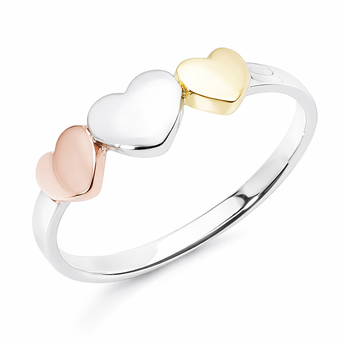 925 Sterling Silver Three Tone Heart Ring with Rose Gold and 18ct Gold Plated details