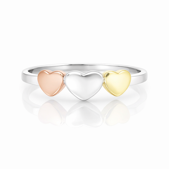 925 Sterling Silver Three Tone Heart Ring with Rose Gold and 18ct Gold Plated details