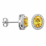 925 Sterling Silver Yellow Topaz CZ Oval Halo Stud Earrings