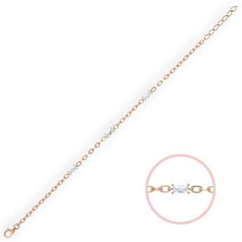 Gold plated bracelet with a close-up inset of Cubic Zirconia Baguette on a white background