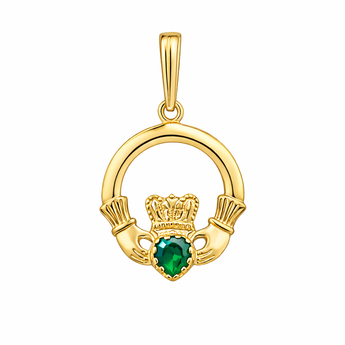 9ct Gold Emerald Cubic Zirconia Claddagh Pendant