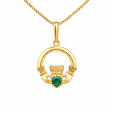 9ct Gold Emerald Cubic Zirconia Claddagh Pendant Necklace