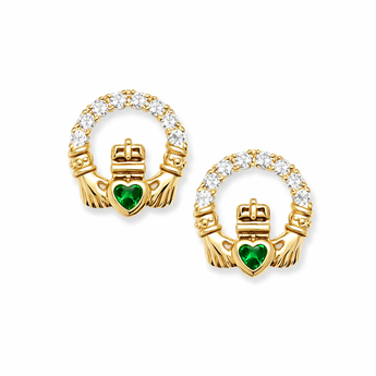 9ct Gold Emerald Cubic Zirconia Claddagh Stud Earrings