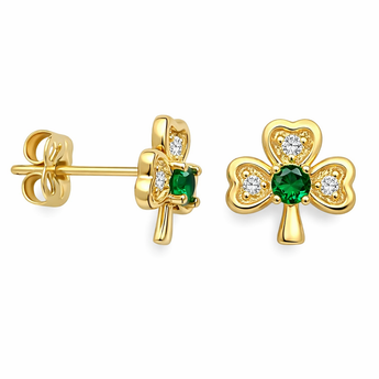 9ct Gold Emerald Green Cubic Zirconia Shamrock Stud Earrings