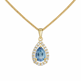 9ct Gold Necklace with Blue Topaz cubic zirconia Teardrop Pendant with halo of surrounding clear cubic zirconia