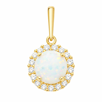 9ct Gold Round Opal Cubic Zirconia Pendant Necklace