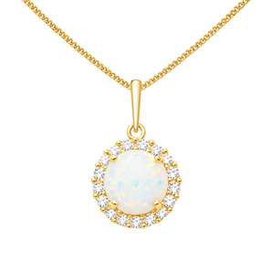 9ct Gold Round Opal Cubic Zirconia Pendant Necklace