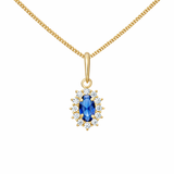 9ct Gold Sapphire Cubic Zirconia Oval Halo Pendant Necklace