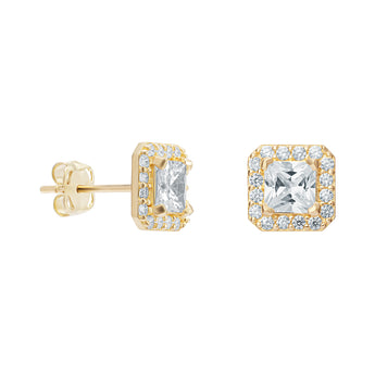 9ct Gold Square Halo Cubic Zirconia Stud Earrings