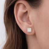 Urban Pizazz Model Wearing 9ct Gold Square Halo Cubic Zirconia Stud Earrings