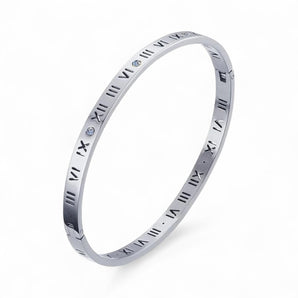 Stainless steel bracelet with Roman numeral design on a white background