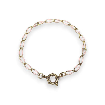 Amnesia Jewellery | Gold Plated Stainless Steel Abi Paperclip Chain Bracelet. Our Abi twisted paperclip bracelet is made from gold plated stainless steel with pink enamel decoration and sailors clasp. Tarnish Free and Waterproof. Shop now for quality Jewellery/Jewelry!