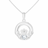 Sterling Silver April Birthstone Claddagh Pendant Necklace with Diamond Clear Cubic Zirconia Heart