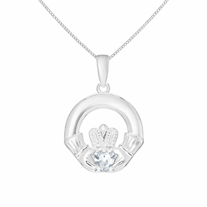 Sterling Silver April Birthstone Claddagh Pendant Necklace with Diamond Clear Cubic Zirconia Heart