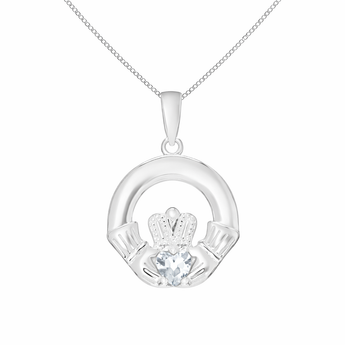Sterling Silver April Birthstone Claddagh Pendant Necklace with Diamond Clear Cubic Zirconia Heart