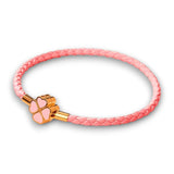 Baby Pink Leather And Gold Plated Clover Leaf Charm Bracelet