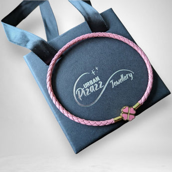 Baby Pink Leather And Gold Plated Clover Leaf Charm Bracelet