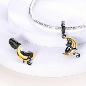 Black Cat and Moon Charm 925 Sterling Silver