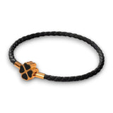 Black Leather And Gold Plated Clover Leaf Charm Bracelet