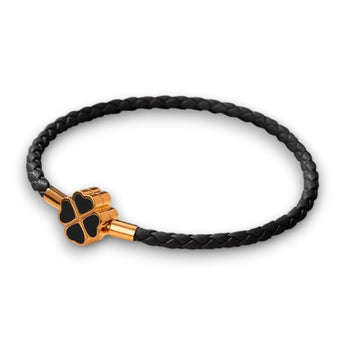 Black Leather And Gold Plated Clover Leaf Charm Bracelet