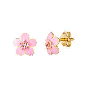 Gold plated silver stud earrings with pink blossom flower and pink cubic zirconia