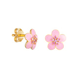 Gold plated silver stud earrings with pink blossom flower and pink cubic zirconia