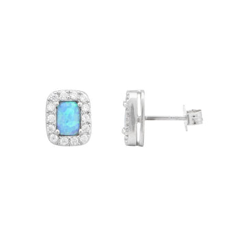 Blue Opal Halo Silver Stud Earrings