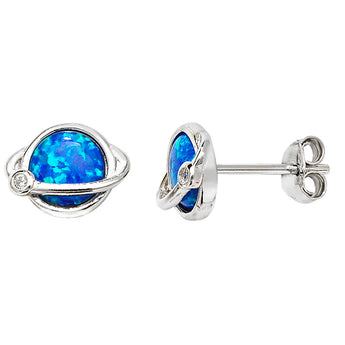 Blue Opal Saturn Shape Sterling Silver Stud Earrings