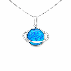 Blue Opal Sterling Silver Saturn Shape Pendant Necklace