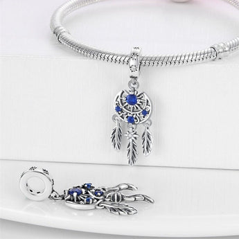 Blue Sun and Moon Dream Catcher Charm 925 Sterling Silver