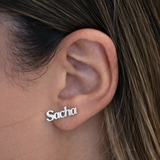 Sterling Silver Bold Name Stud Earrings on Model