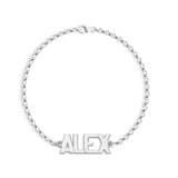 Silver bracelet with 'ALEX' on a white background