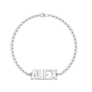 Silver bracelet with 'ALEX' on a white background