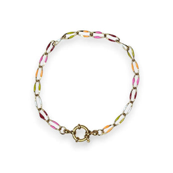 Amnesia Jewellery | Gold Plated Stainless Steel Cassie Paperclip Chain Bracelet. Our Cassie twisted paperclip bracelet is made from gold plated stainless steel with multi coloured enamel and sailors clasp. Tarnish Free and Waterproof. Shop now for quality Jewellery/Jewelry!