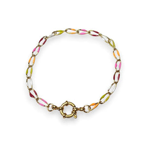 Amnesia Jewellery | Gold Plated Stainless Steel Cassie Paperclip Chain Bracelet. Our Cassie twisted paperclip bracelet is made from gold plated stainless steel with multi coloured enamel and sailors clasp. Tarnish Free and Waterproof. Shop now for quality Jewellery/Jewelry!