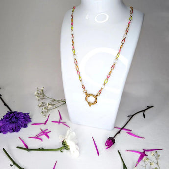 Amnesia Jewellery | Gold Plated Stainless Steel Cassie Paperclip Chain Necklace. Our 20" Cassie Twisted Paperclip Necklace is made from gold plated stainless steel with multi coloured enamel and sailors clasp. Tarnish Free and Waterproof. Shop now for quality Jewellery/Jewelry!