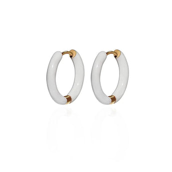 Amnesia Jewellery | White Enamel Chelsea Hoop Earrings. Our Chelsea Hinged Hoop Earrings are made from gold plated stainless steel with a bright white coloured enamel. Tarnish Free and Waterproof. Shop now for quality Jewellery/Jewelry!