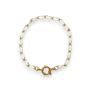 Amnesia Jewellery | Gold Plated Stainless Steel Chelsea Paperclip Chain. Our Chelsea twisted paperclip bracelet is made from gold plated stainless steel with white enamel decoration and sailors clasp. Tarnish Free and Waterproof. Shop now for quality Jewellery/Jewelry! Bracelet