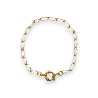 Amnesia Jewellery | Gold Plated Stainless Steel Chelsea Paperclip Chain. Our Chelsea twisted paperclip bracelet is made from gold plated stainless steel with white enamel decoration and sailors clasp. Tarnish Free and Waterproof. Shop now for quality Jewellery/Jewelry! Bracelet