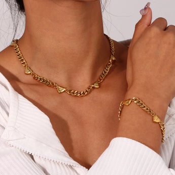 Amnesia Jewellery | Gold Plated Stainless Steel Cuban Heart Bracelet and Necklace Matching Set
