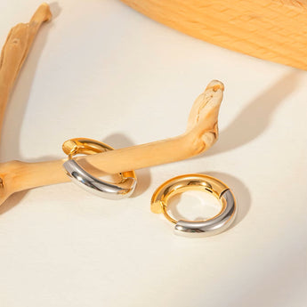Amnesia Jewellery | Gold Plated and Stainless Steel Hinged Hoop Earrings. Elegant gold plated stainless steel two tone chunky hinged hoop earrings, crafted from 18ct gold plated stainless steel, tarnish free and waterproof. Shop now for quality Jewellery/Jewelry!