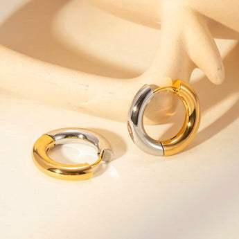 Amnesia Jewellery | Gold Plated and Stainless Steel Hinged Hoop Earrings. Elegant gold plated stainless steel two tone chunky hinged hoop earrings, crafted from 18ct gold plated stainless steel, tarnish free and waterproof. Shop now for quality Jewellery/Jewelry!